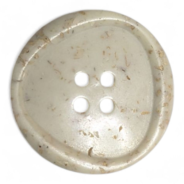 Round beige button with four holes on a white background