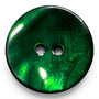 A single round glossy green button with two holes, shown on a white background.