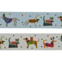 Decorative ribbon with cartoon dogs in colorful Christmas sweaters on a light blue or white background