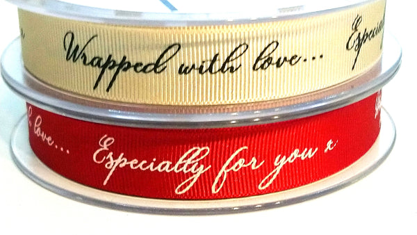 15mm Gift Wrapping Ribbon, Wrapped with Love, Choice of Red or Cream | The Crafty Animal UK