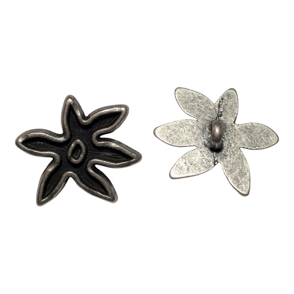 Two metallic flower-shaped buttons on a white background