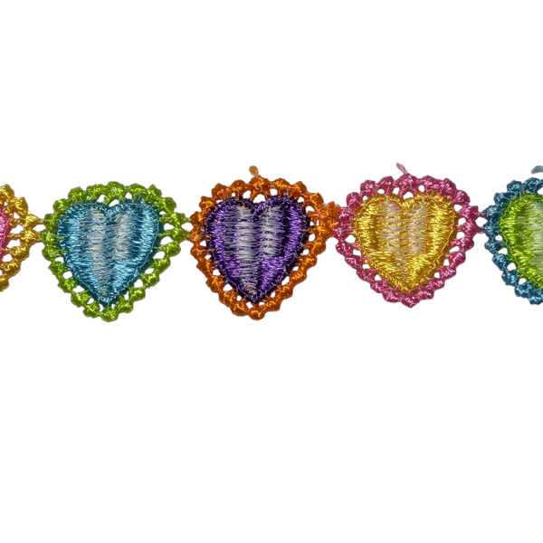 25mm Wide, Multi Coloured Guipure Heart Trim - Sold by the Metre
