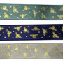 Three ribbons with gold bee pattern on a teal, blue, and silver background.